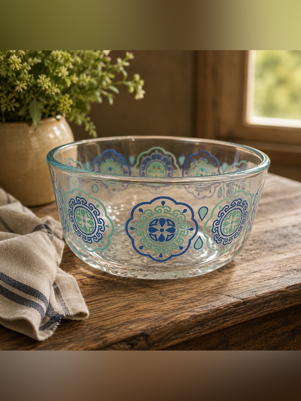 Vintage Pyrex Glass Bowl with Blue and Green Patterns